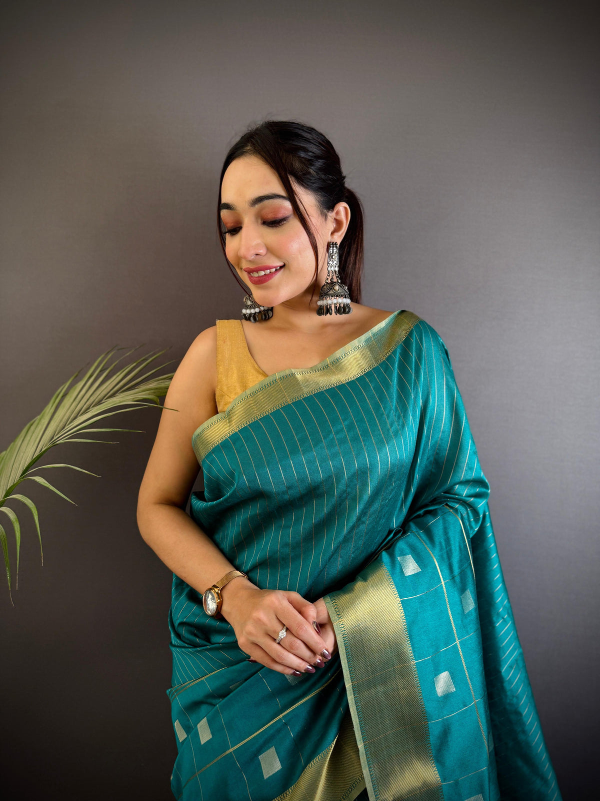 Sonakshi Women's Teal Soft Cotton Silk Golden Zari Weaving Traditional Saree with Blouse | Grocsy