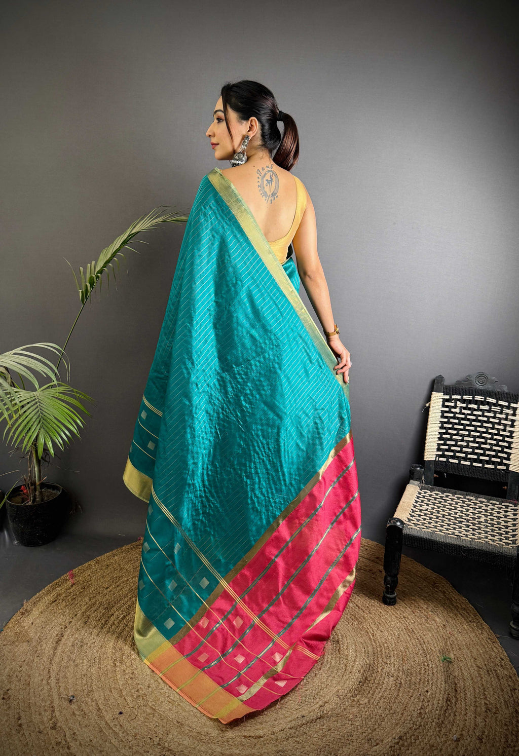 Sonakshi Women's Teal Soft Cotton Silk Golden Zari Weaving Traditional Saree with Blouse | Grocsy