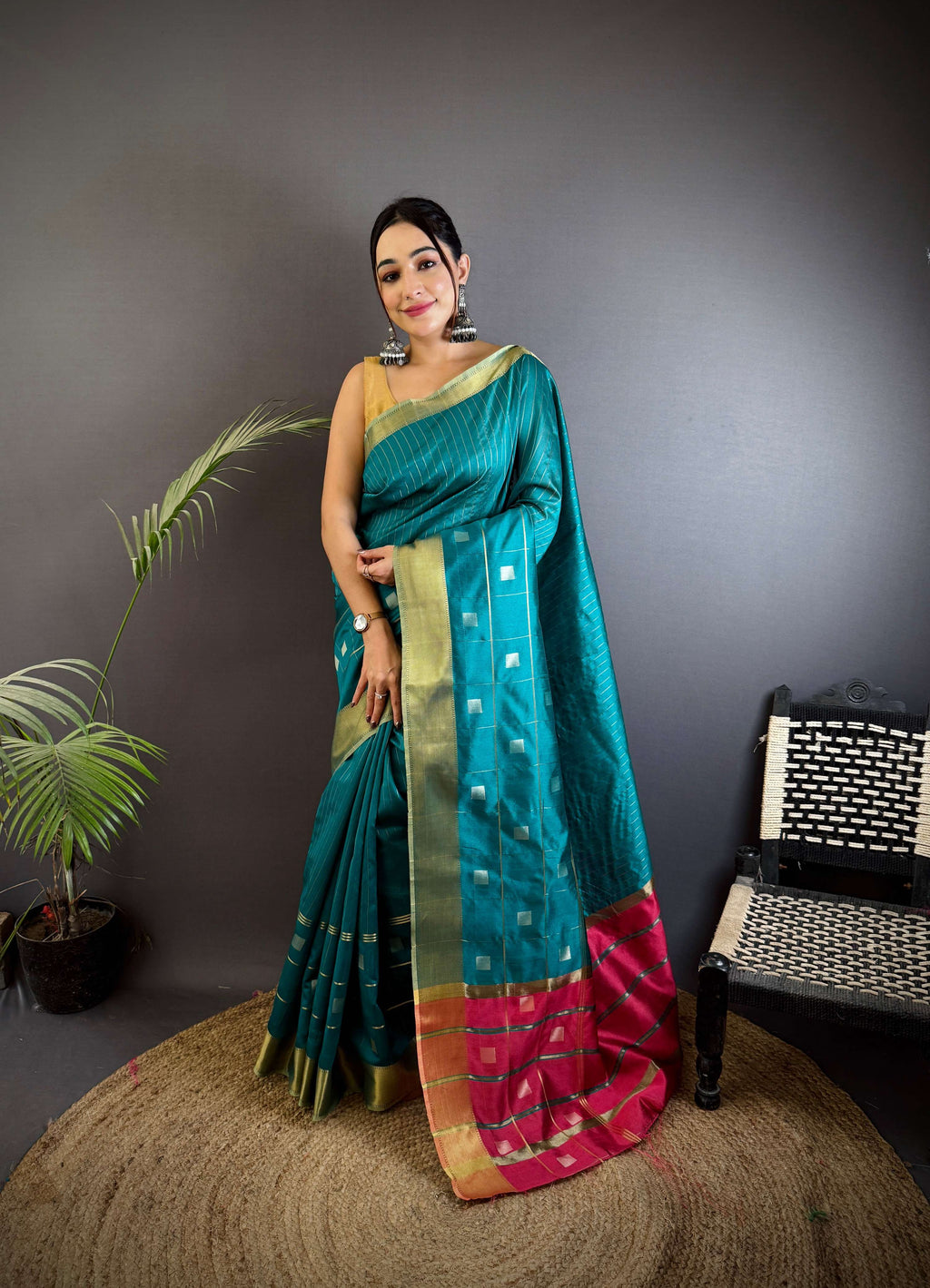 Sonakshi Women's Teal Soft Cotton Silk Golden Zari Weaving Traditional Saree with Blouse | Grocsy