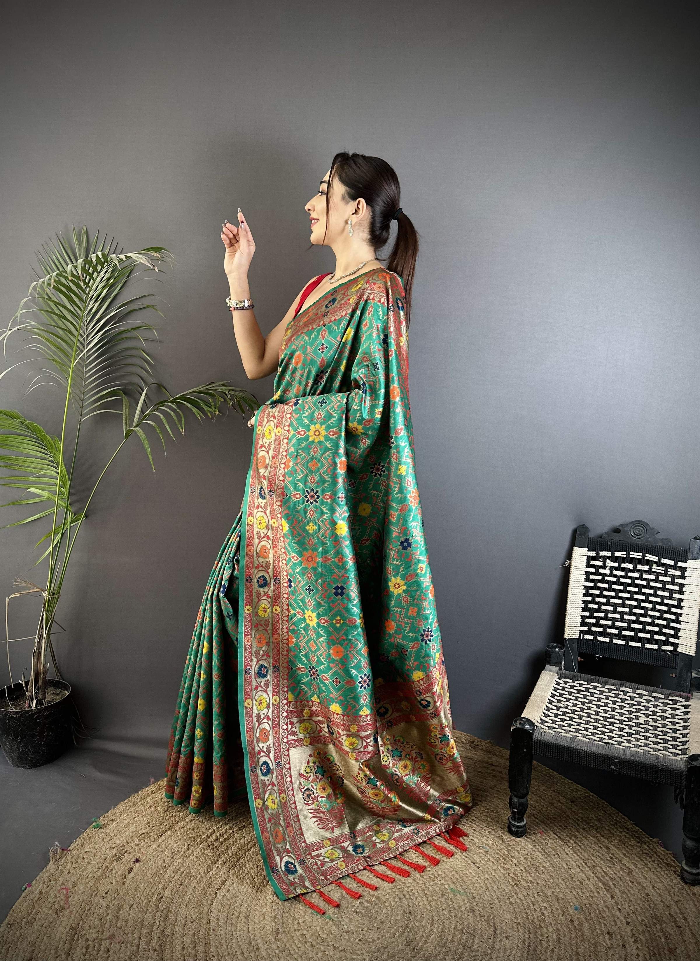 Sonakshi Women's Teal Banarsi Silk Tassel Weaving Traditional Saree with Blouse | Grocsy