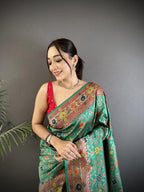 Sonakshi Women's Teal Banarsi Silk Tassel Weaving Traditional Saree with Blouse | Grocsy