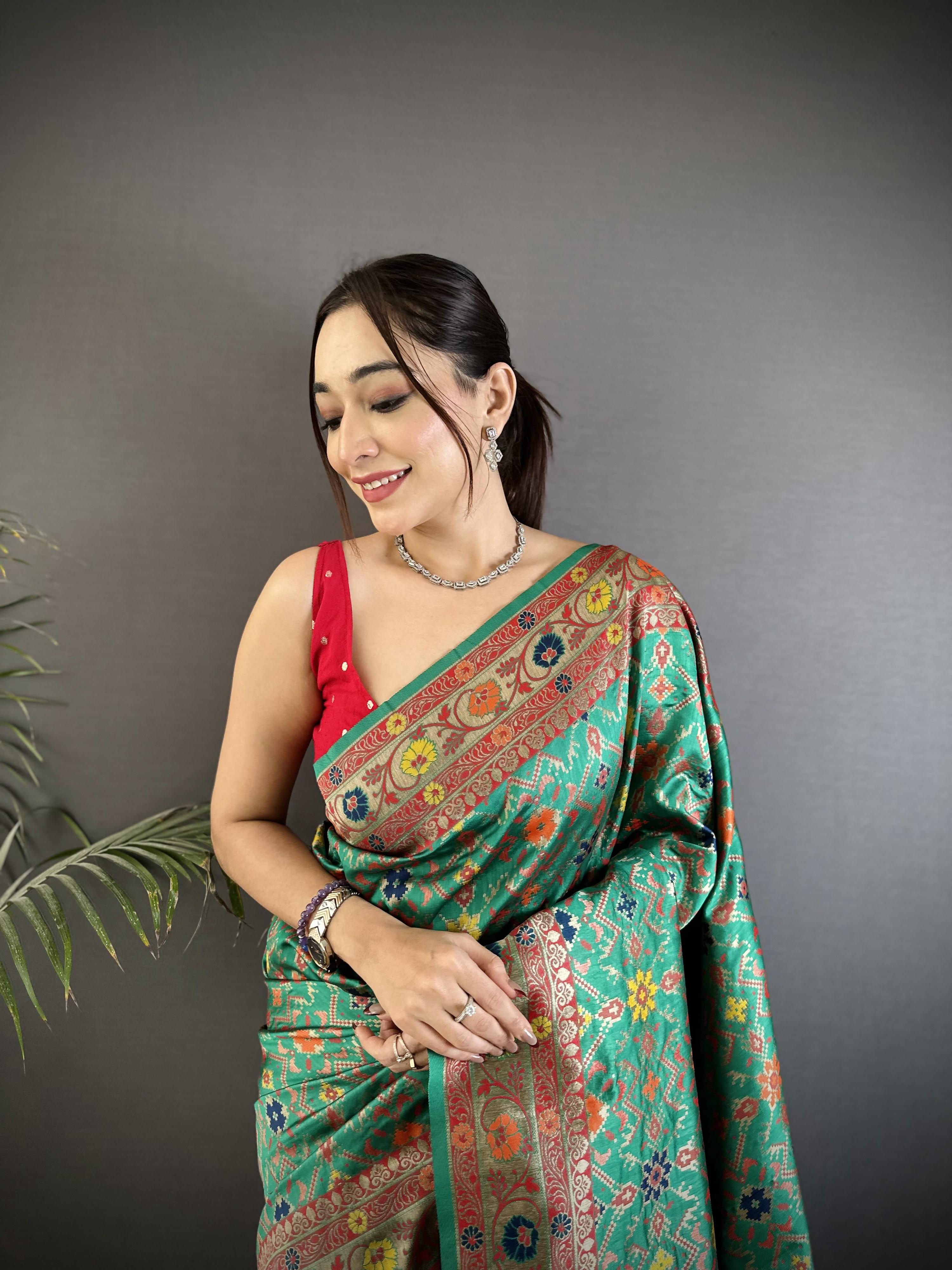 Sonakshi Women's Teal Banarsi Silk Tassel Weaving Traditional Saree with Blouse | Grocsy
