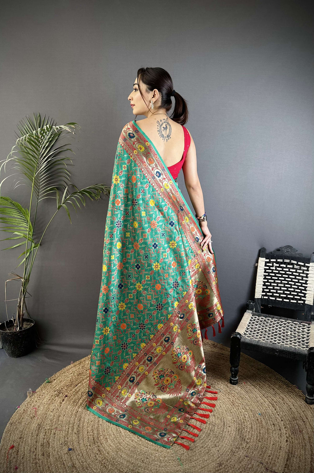 Sonakshi Women's Teal Banarsi Silk Tassel Weaving Traditional Saree with Blouse | Grocsy