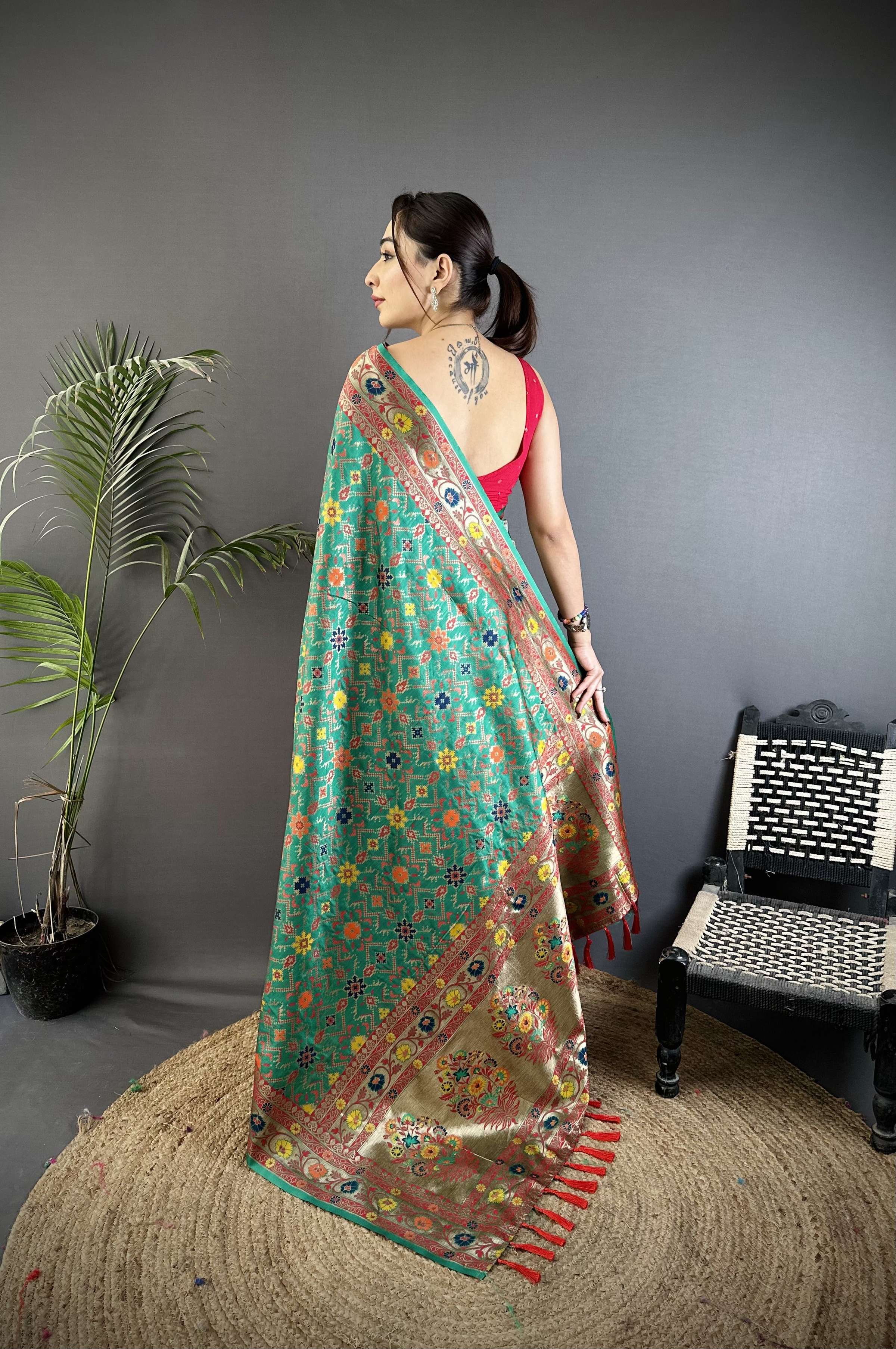 Sonakshi Women's Teal Banarsi Silk Tassel Weaving Traditional Saree with Blouse | Grocsy
