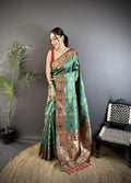 Sonakshi Women's Teal Banarsi Silk Tassel Weaving Traditional Saree with Blouse | Grocsy
