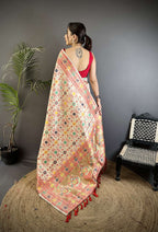 Sonakshi Women's Off White Banarasi Silk Tassel Weaving Traditional Saree with Blouse | Grocsy