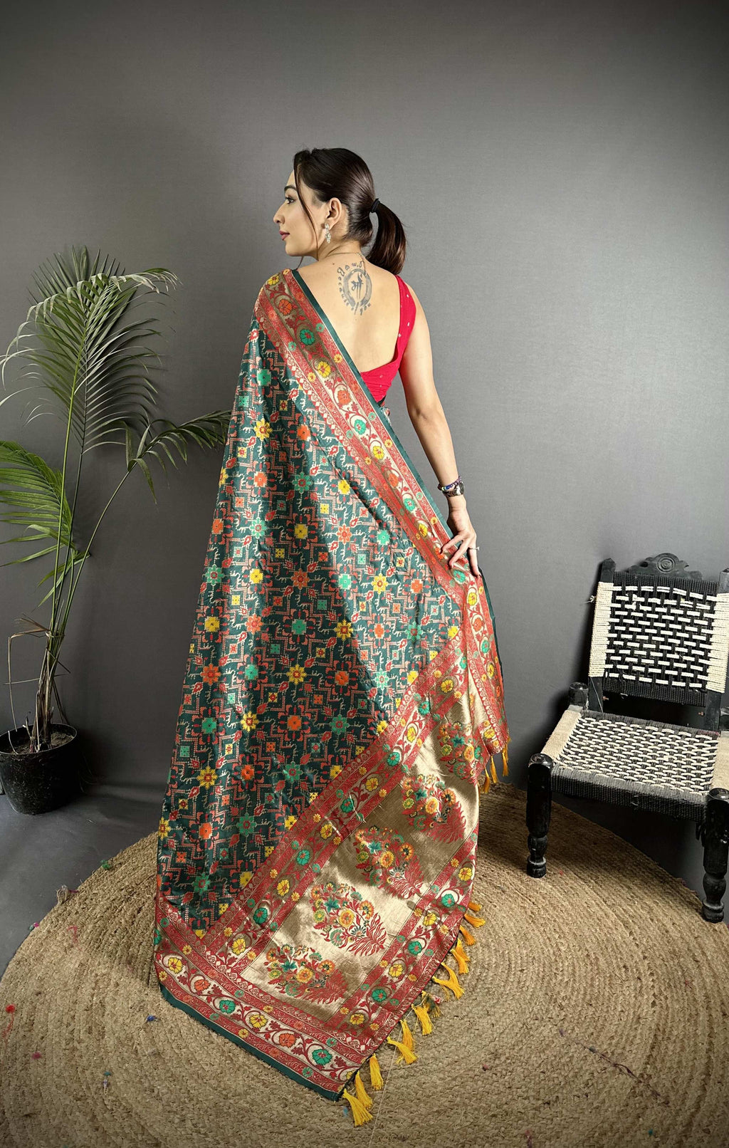 Sonakshi Women's Black Banarsi Silk Tassel Weaving Traditional Saree with Blouse | Grocsy
