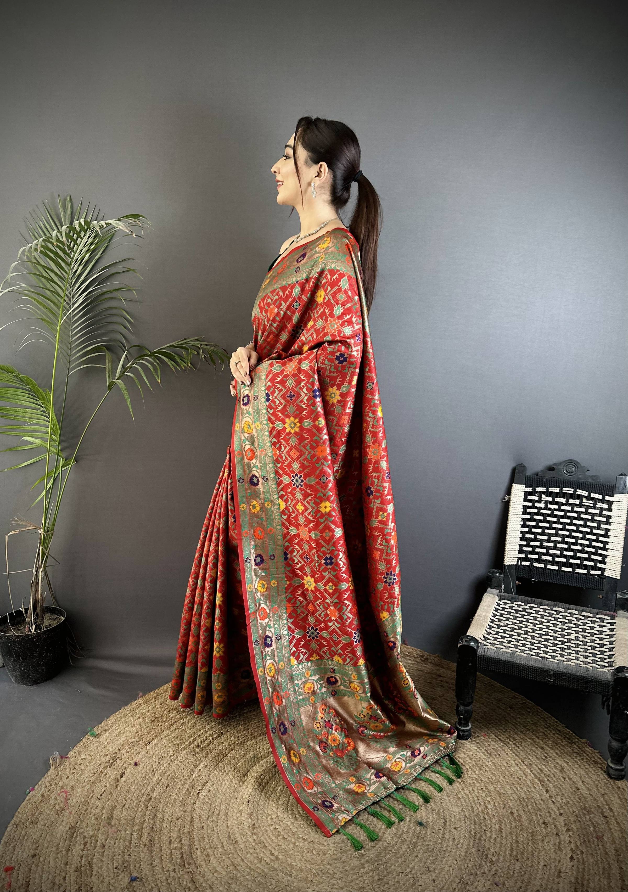 Sonakshi Women's Red Banarsi Silk Tassel Weaving Traditional Saree with Blouse | Grocsy