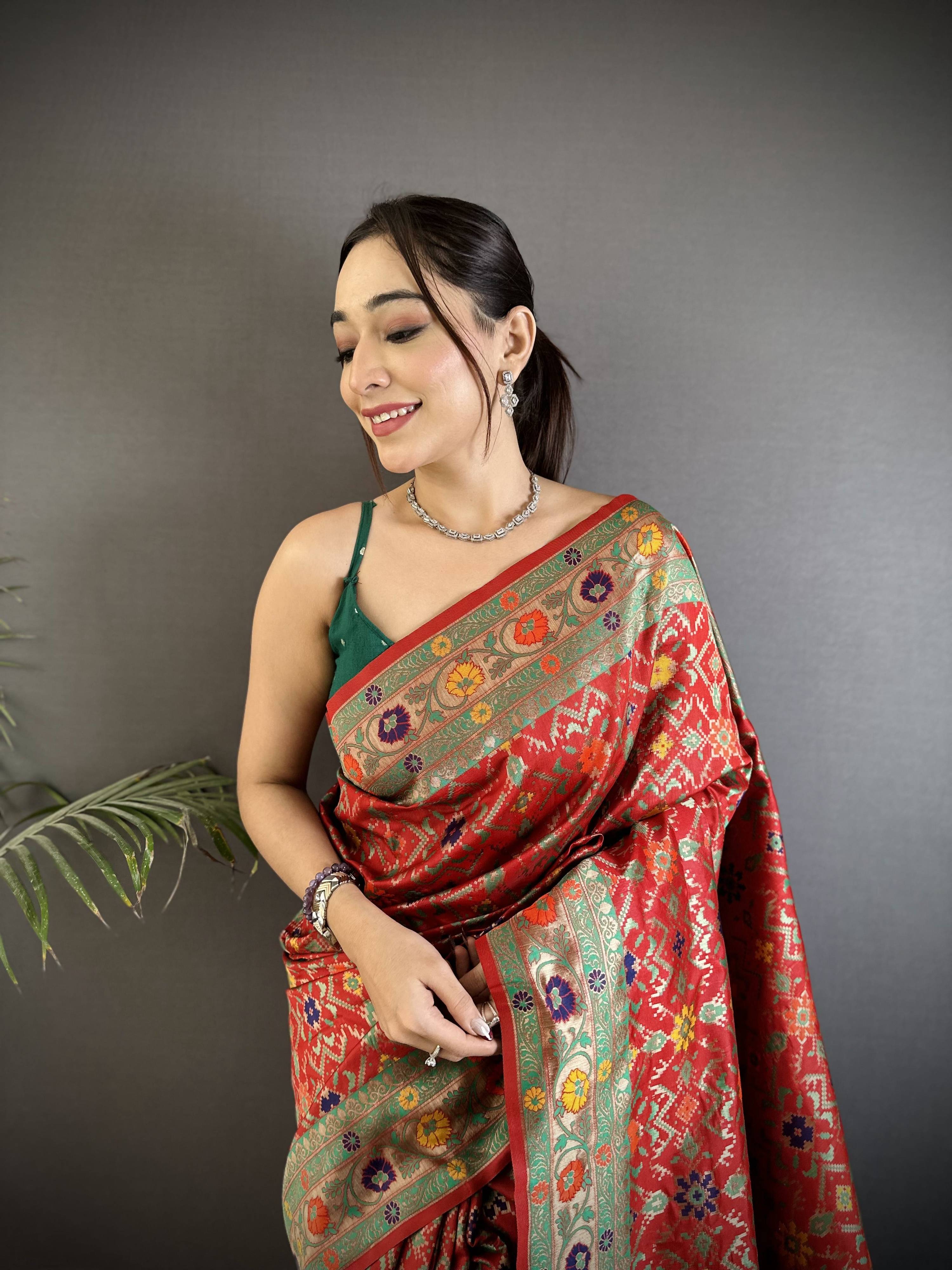 Sonakshi Women's Red Banarsi Silk Tassel Weaving Traditional Saree with Blouse | Grocsy