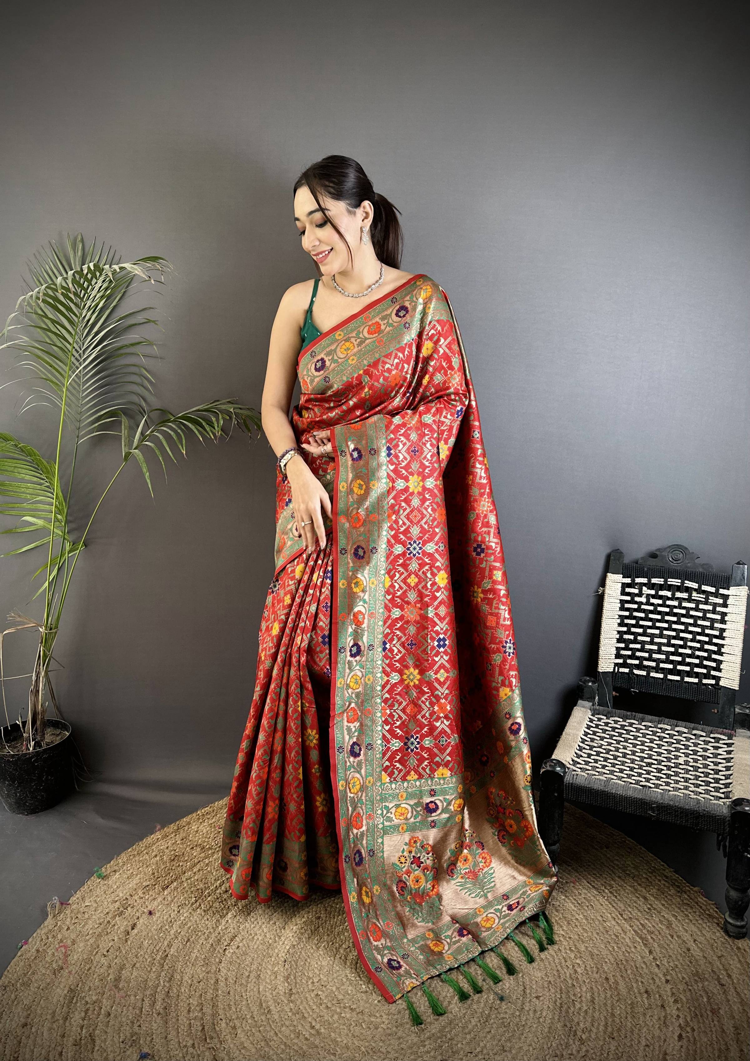 Sonakshi Women's Red Banarsi Silk Tassel Weaving Traditional Saree with Blouse | Grocsy