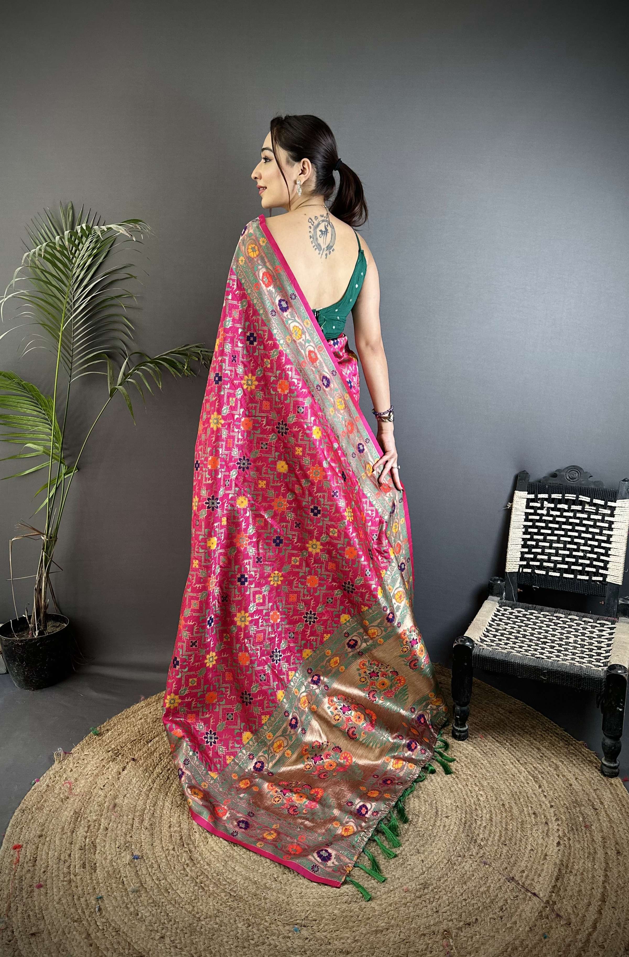 Sonakshi Women's Rani Pink Banarasi Silk Tassel Weaving Traditional Saree with Blouse | Grocsy