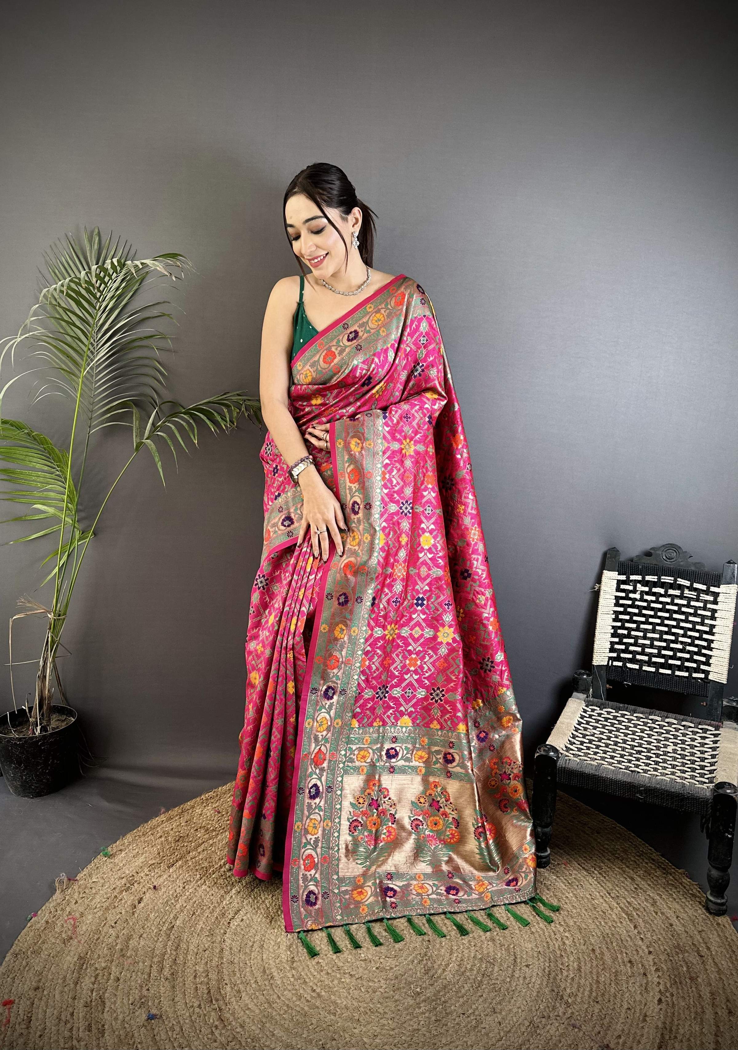 Sonakshi Women's Rani Pink Banarasi Silk Tassel Weaving Traditional Saree with Blouse | Grocsy