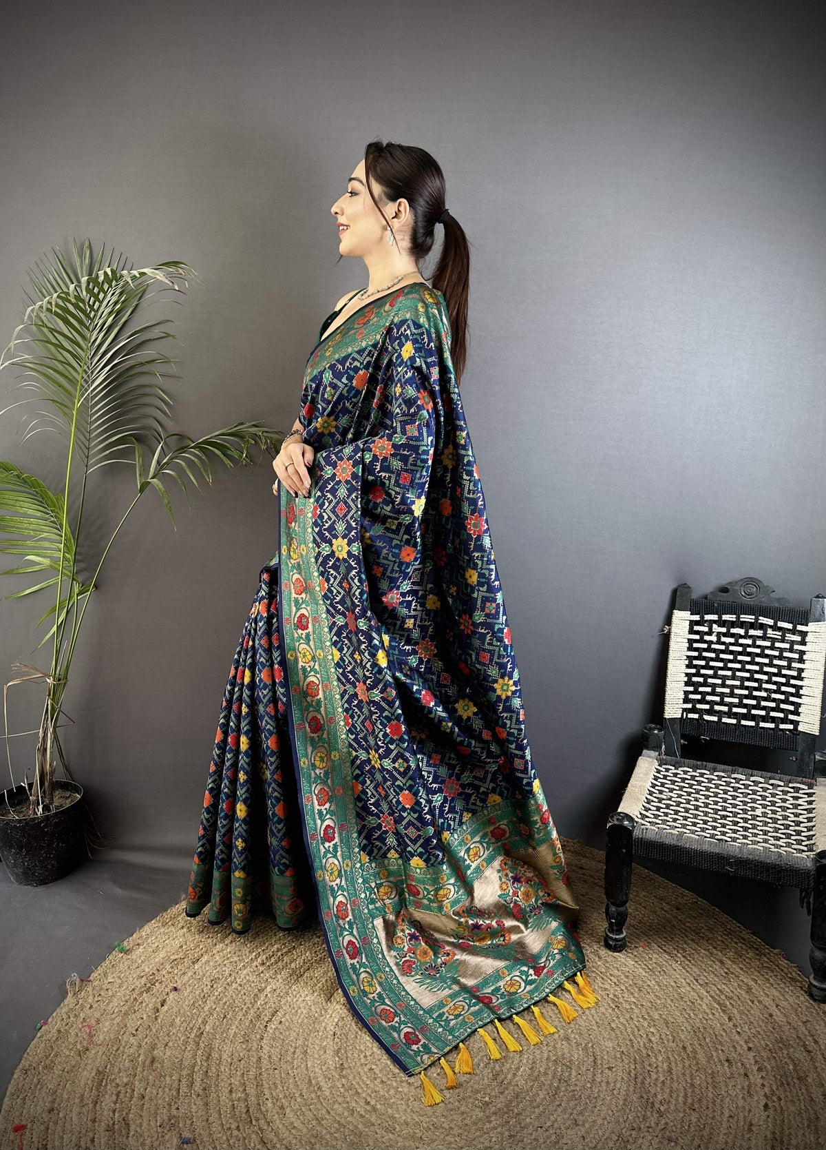 Sonakshi Women's Royal Blue Banarsi Silk Tassel Weaving Traditional Saree with Blouse | Grocsy