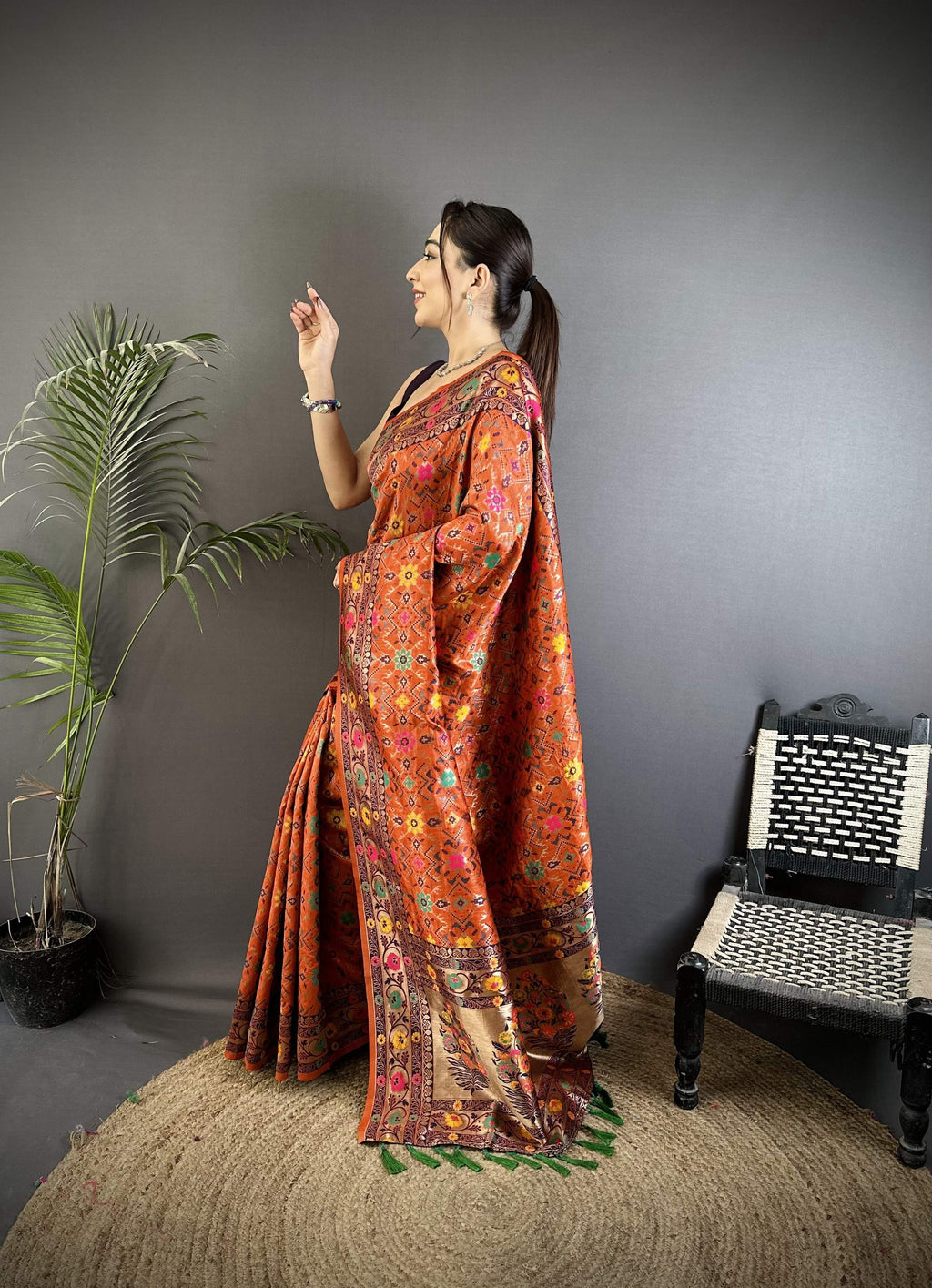 Sonakshi Women's Orange Banarsi Silk Tassel Weaving Traditional Saree with Blouse | Grocsy