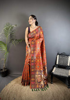 Sonakshi Women's Orange Banarsi Silk Tassel Weaving Traditional Saree with Blouse | Grocsy