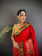 Sonakshi Women's Red Paithani Silk Zari & Meenakari Weaving Traditional Saree with Blouse | Grocsy