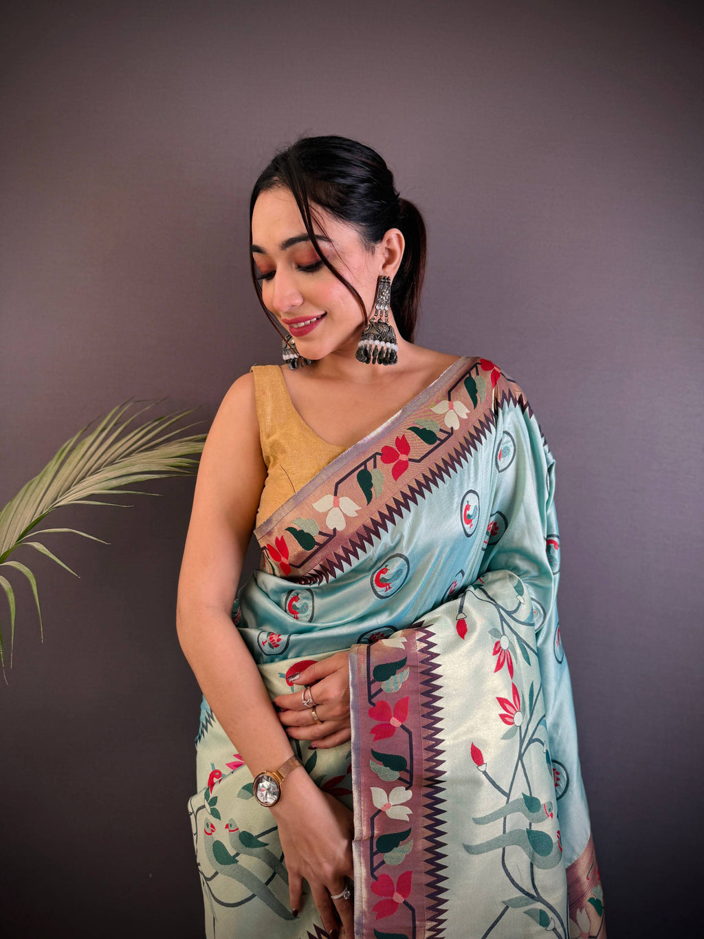 Sonakshi Women's Sky Paithani Silk Zari & Meenakari Weaving Traditional Saree with Blouse | Grocsy