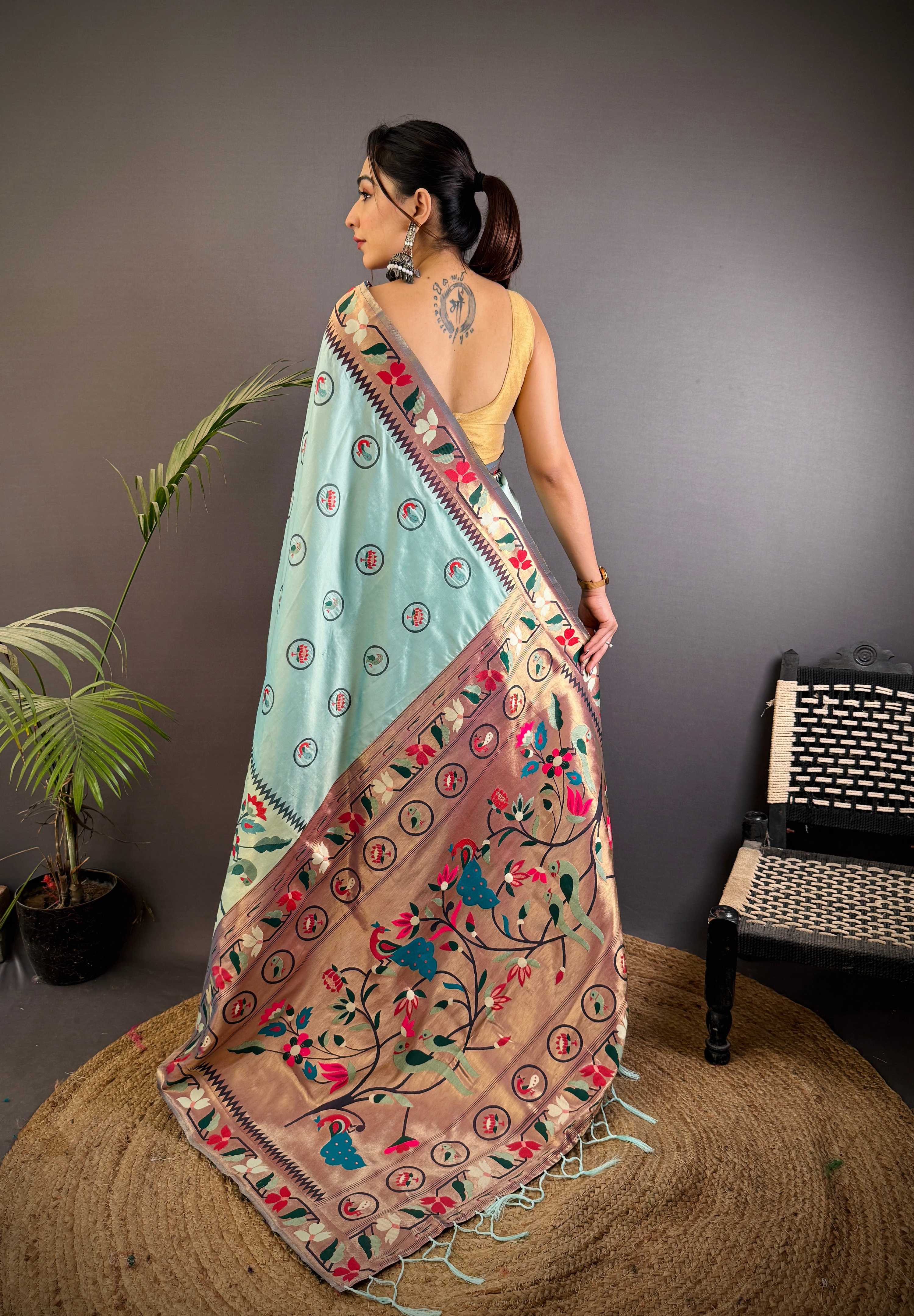 Sonakshi Women's Sky Paithani Silk Zari & Meenakari Weaving Traditional Saree with Blouse | Grocsy