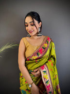 Sonakshi Women's Parrot Paithani Silk Zari & Meenakari Weaving Traditional Saree with Blouse | Grocsy