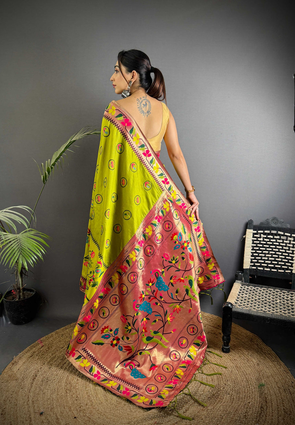 Sonakshi Women's Parrot Paithani Silk Zari & Meenakari Weaving Traditional Saree with Blouse | Grocsy