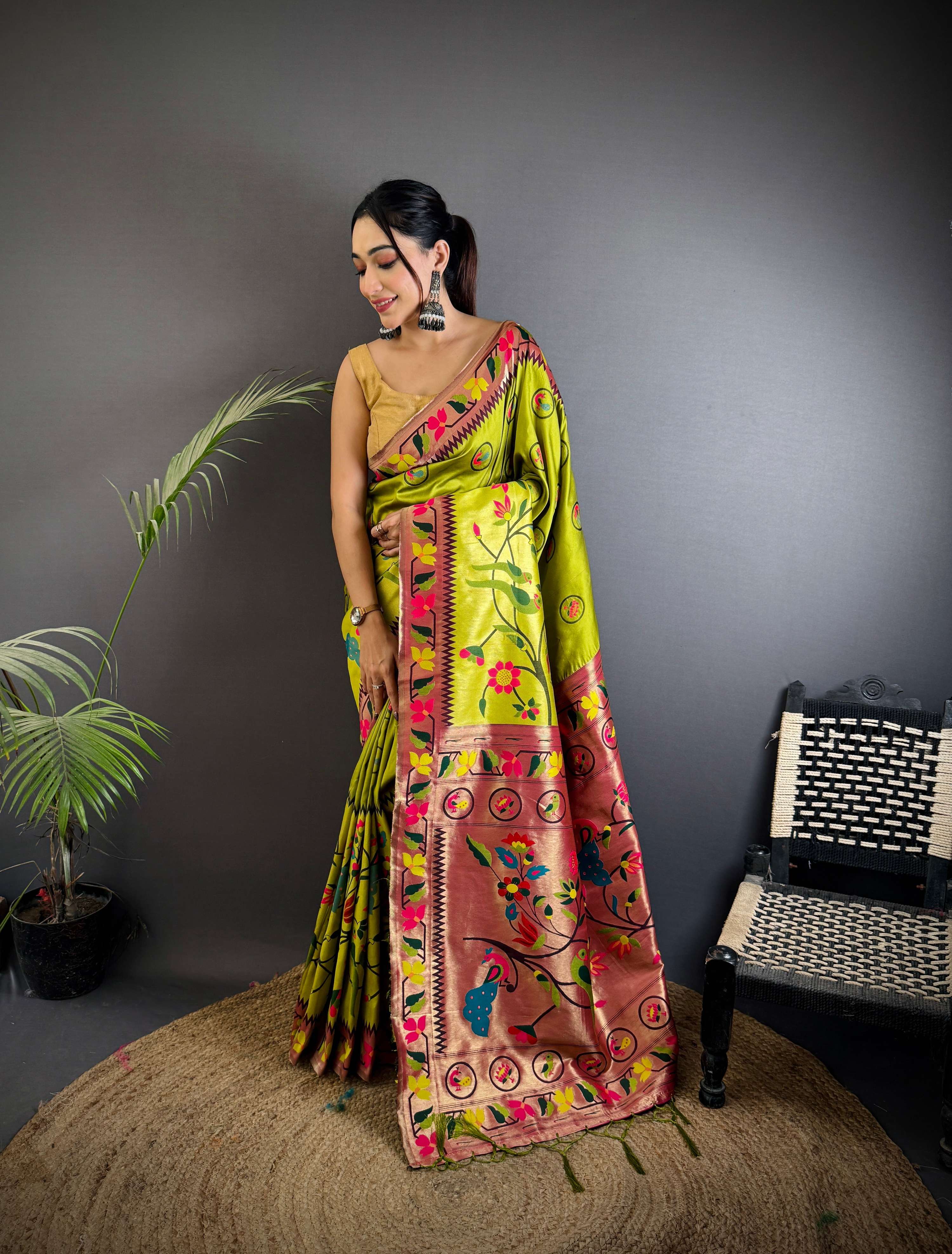 Sonakshi Women's Parrot Paithani Silk Zari & Meenakari Weaving Traditional Saree with Blouse | Grocsy