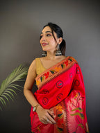 Sonakshi Women's Rani Pink Paithani Silk Zari & Meenakari Weaving Traditional Saree with Blouse | Grocsy