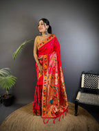 Sonakshi Women's Rani Pink Paithani Silk Zari & Meenakari Weaving Traditional Saree with Blouse | Grocsy
