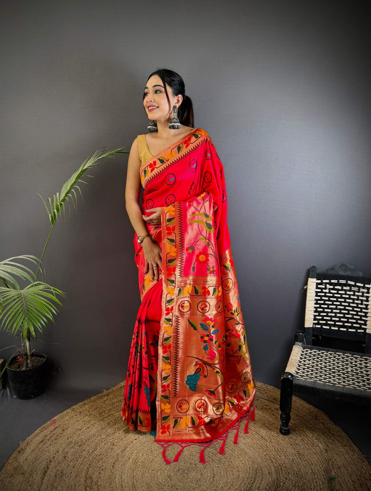 Sonakshi Women's Rani Pink Paithani Silk Zari & Meenakari Weaving Traditional Saree with Blouse | Grocsy