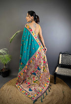 Sonakshi Women's Morepeach Paithani Silk Zari & Meenakari Weaving Traditional Saree with Blouse | Grocsy