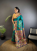 Sonakshi Women's Morepeach Paithani Silk Zari & Meenakari Weaving Traditional Saree with Blouse | Grocsy