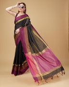 Sonakshi Women's Black Raw Silk Khadi & Zari Weaving Traditional Saree with Blouse | Grocsy