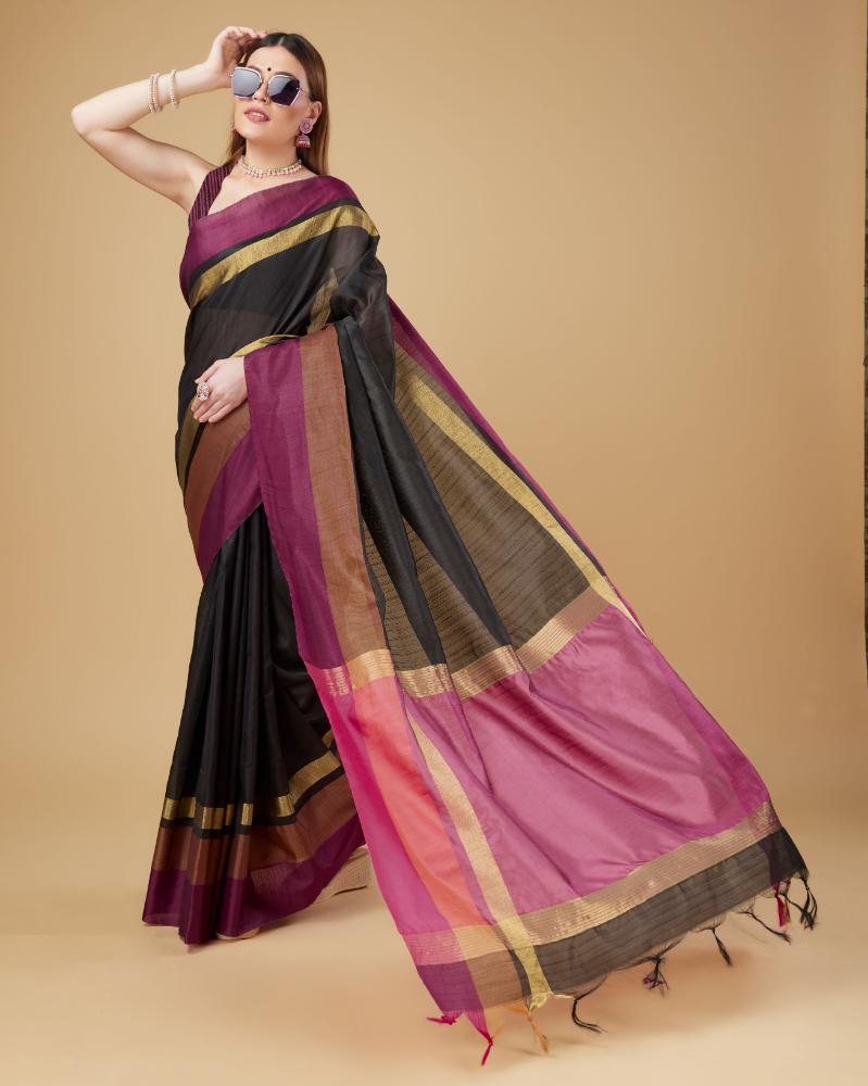 Sonakshi Women's Black Raw Silk Khadi & Zari Weaving Traditional Saree with Blouse | Grocsy