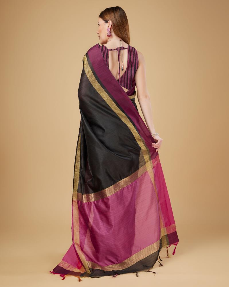 Sonakshi Women's Black Raw Silk Khadi & Zari Weaving Traditional Saree with Blouse | Grocsy