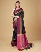 Sonakshi Women's Black Raw Silk Khadi & Zari Weaving Traditional Saree with Blouse | Grocsy