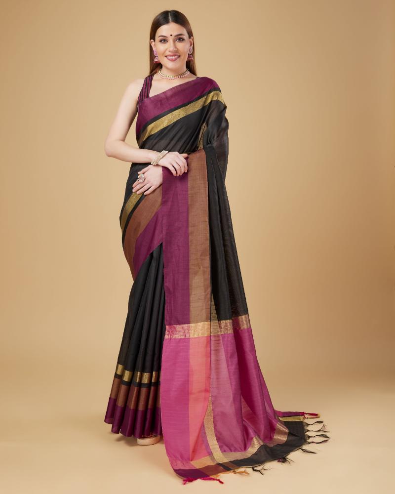Sonakshi Women's Black Raw Silk Khadi & Zari Weaving Traditional Saree with Blouse | Grocsy