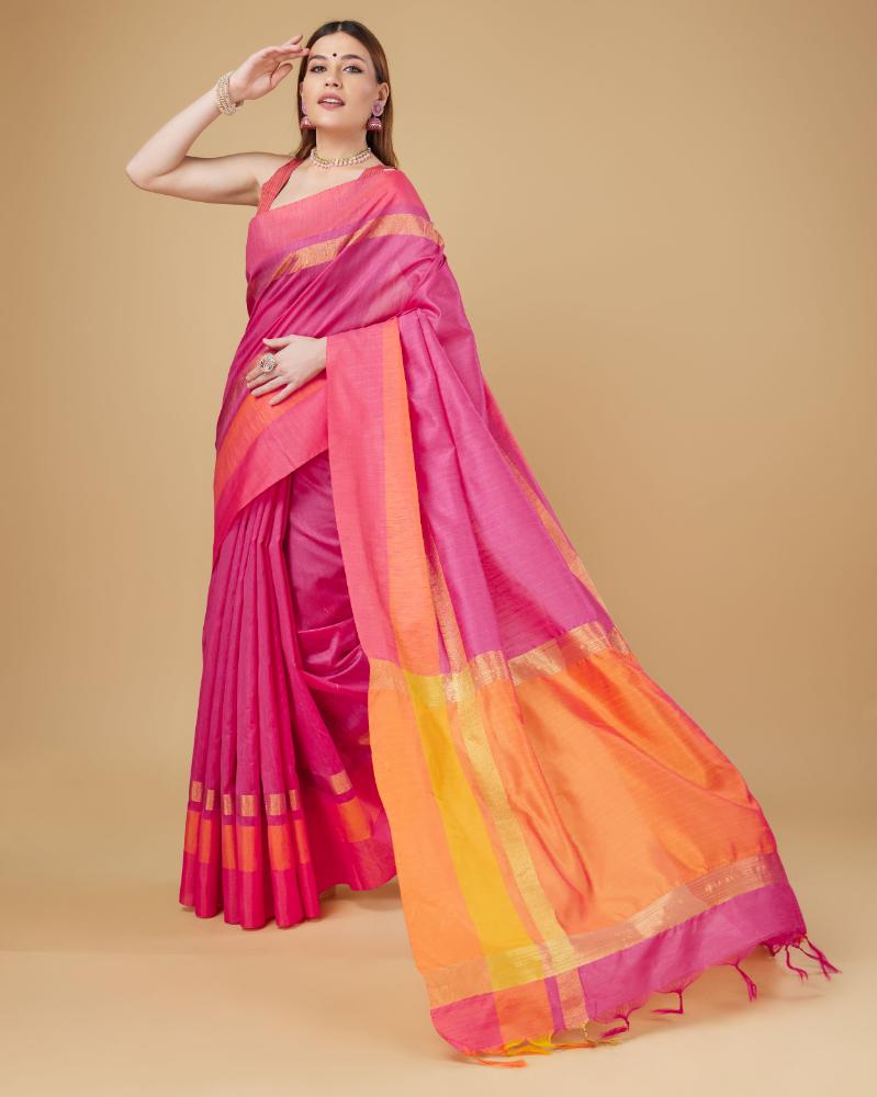Sonakshi Women's Rani Pink Raw Silk Khadi & Zari Weaving Traditional Saree with Blouse | Grocsy