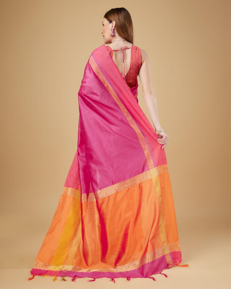 Sonakshi Women's Rani Pink Raw Silk Khadi & Zari Weaving Traditional Saree with Blouse | Grocsy