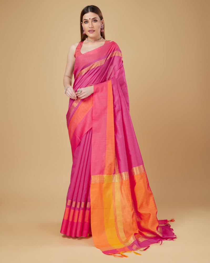 Sonakshi Women's Rani Pink Raw Silk Khadi & Zari Weaving Traditional Saree with Blouse | Grocsy