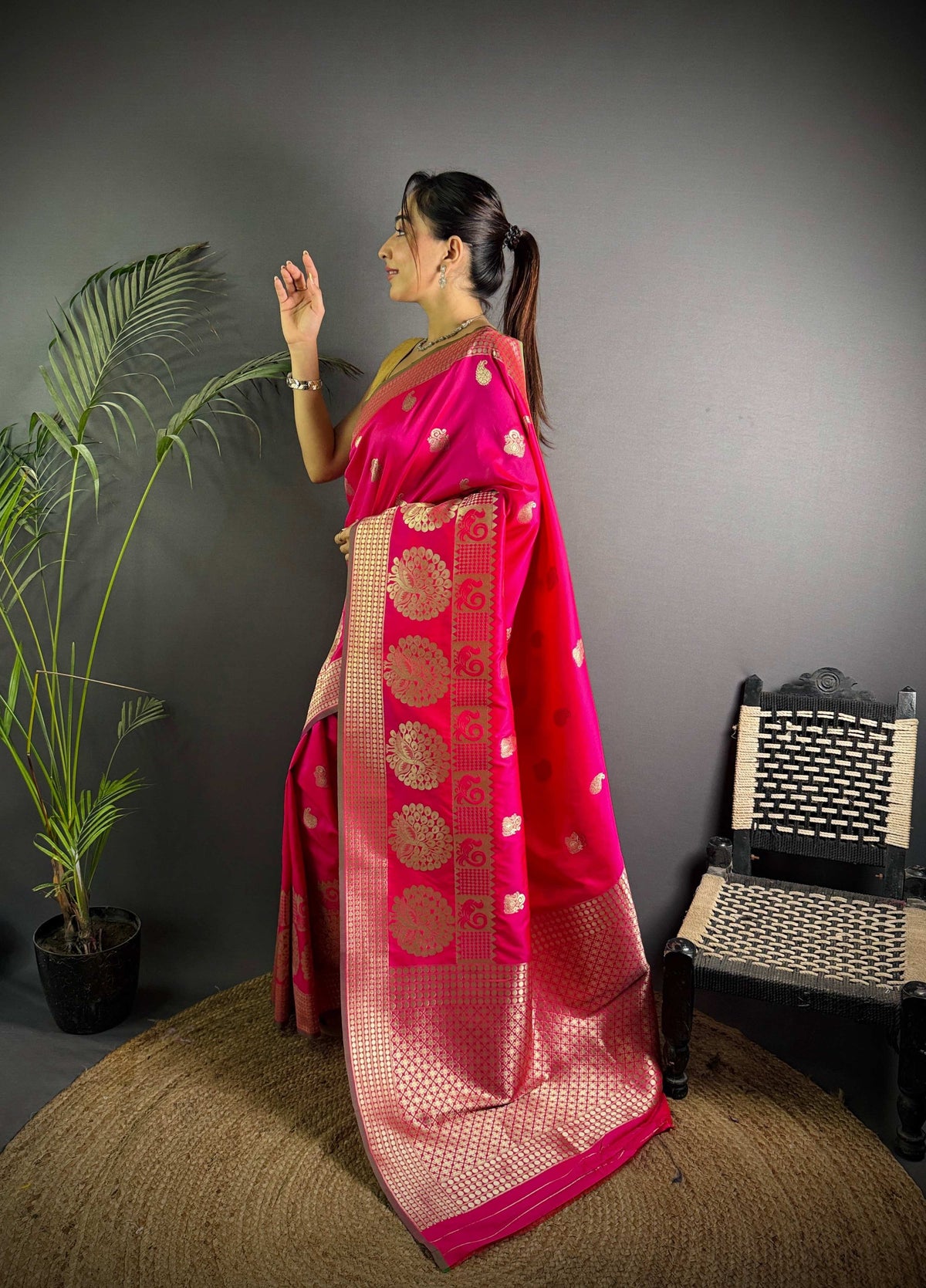 Sonakshi Women's Rani Pink Soft Banarasi Lichi Silk Golden Zari Weaving Traditional Saree with Blouse | Grocsy