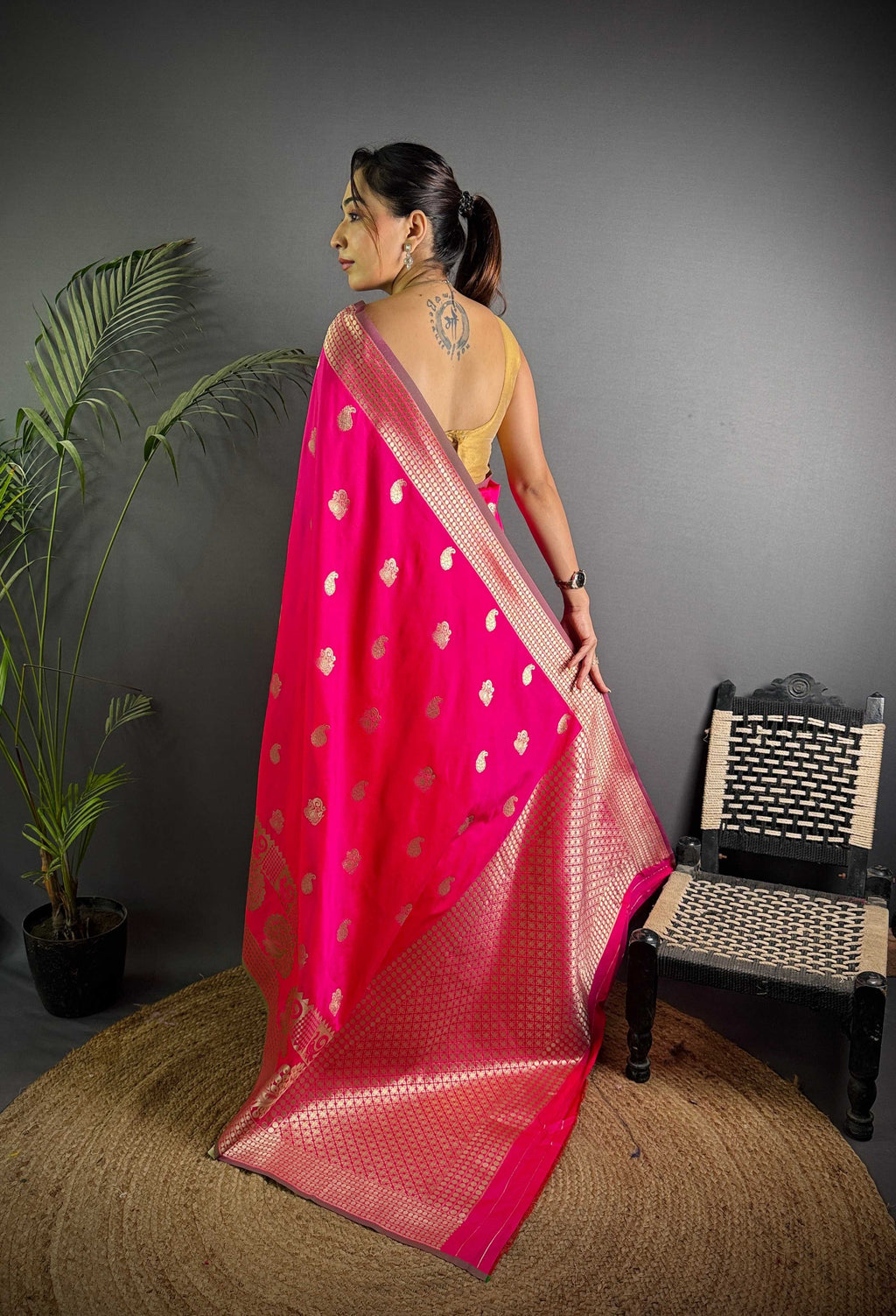 Sonakshi Women's Rani Pink Soft Banarasi Lichi Silk Golden Zari Weaving Traditional Saree with Blouse | Grocsy