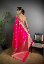 Sonakshi Women's Rani Pink Soft Banarasi Lichi Silk Golden Zari Weaving Traditional Saree with Blouse | Grocsy