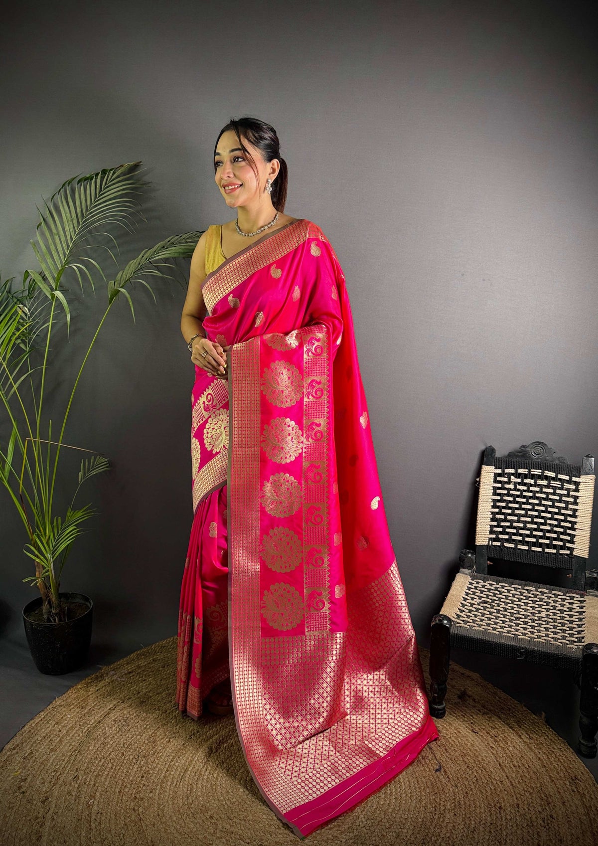Sonakshi Women's Rani Pink Soft Banarasi Lichi Silk Golden Zari Weaving Traditional Saree with Blouse | Grocsy