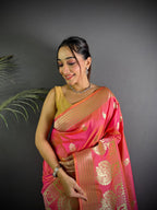 Sonakshi Women's Pink Soft Banarasi Lichi Silk Golden Zari Weaving Traditional Saree with Blouse | Grocsy