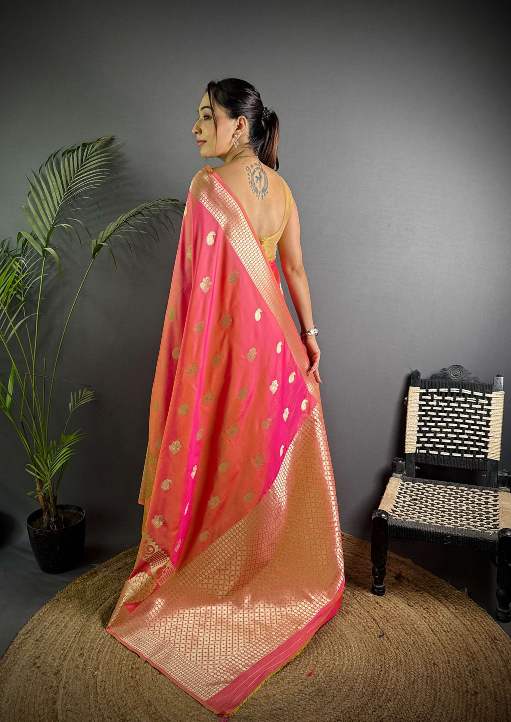 Sonakshi Women's Pink Soft Banarasi Lichi Silk Golden Zari Weaving Traditional Saree with Blouse | Grocsy