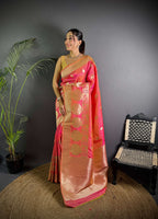 Sonakshi Women's Pink Soft Banarasi Lichi Silk Golden Zari Weaving Traditional Saree with Blouse | Grocsy