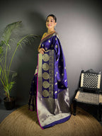 Sonakshi Women's Blue Soft Banarasi Lichi Silk Golden Zari Weaving Traditional Saree with Blouse | Grocsy