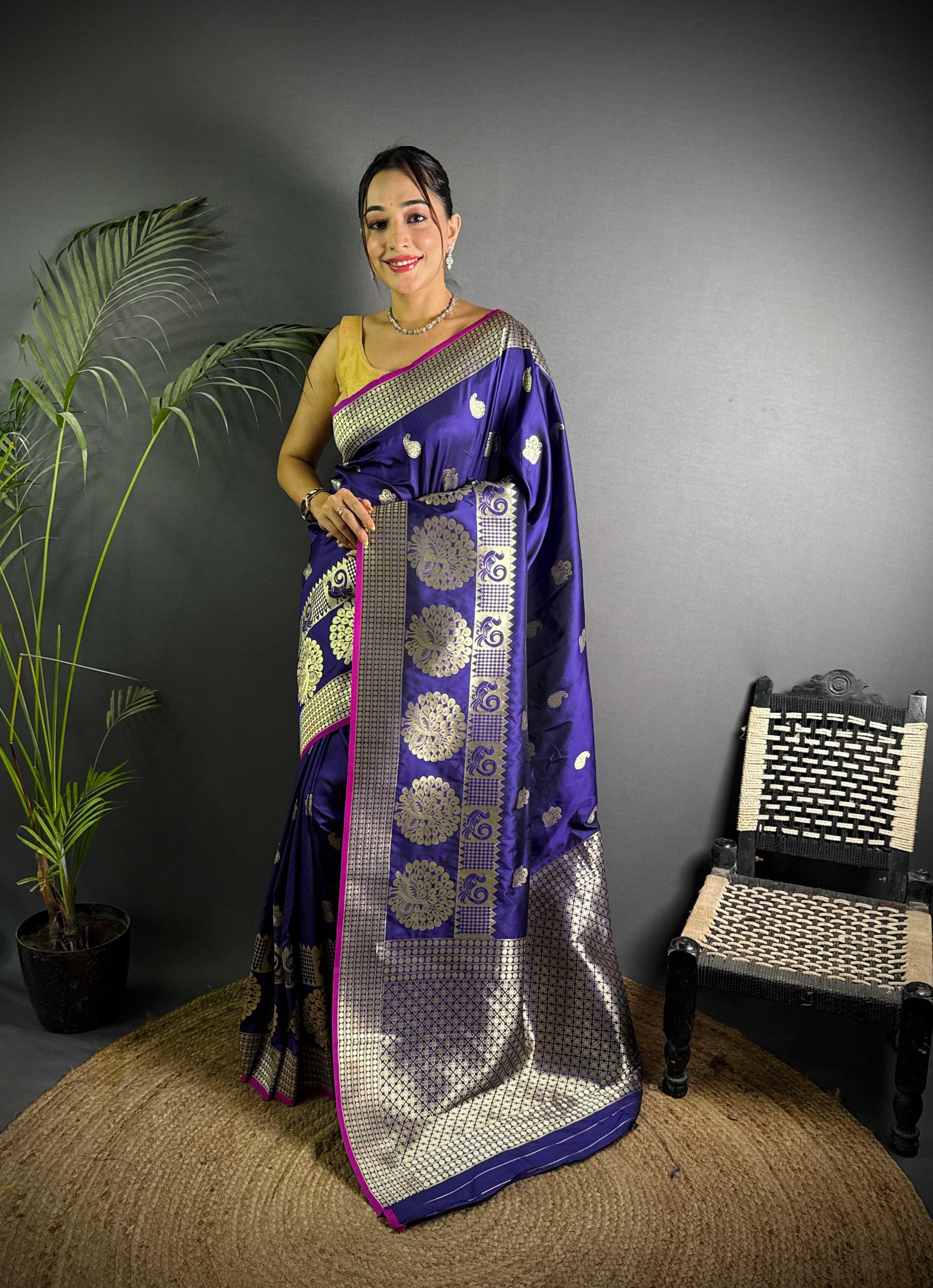 Sonakshi Women's Blue Soft Banarasi Lichi Silk Golden Zari Weaving Traditional Saree with Blouse | Grocsy