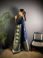 Sonakshi Women's Navy Blue Soft Banarasi Lichi Silk Golden Zari Weaving Traditional Saree with Blouse | Grocsy