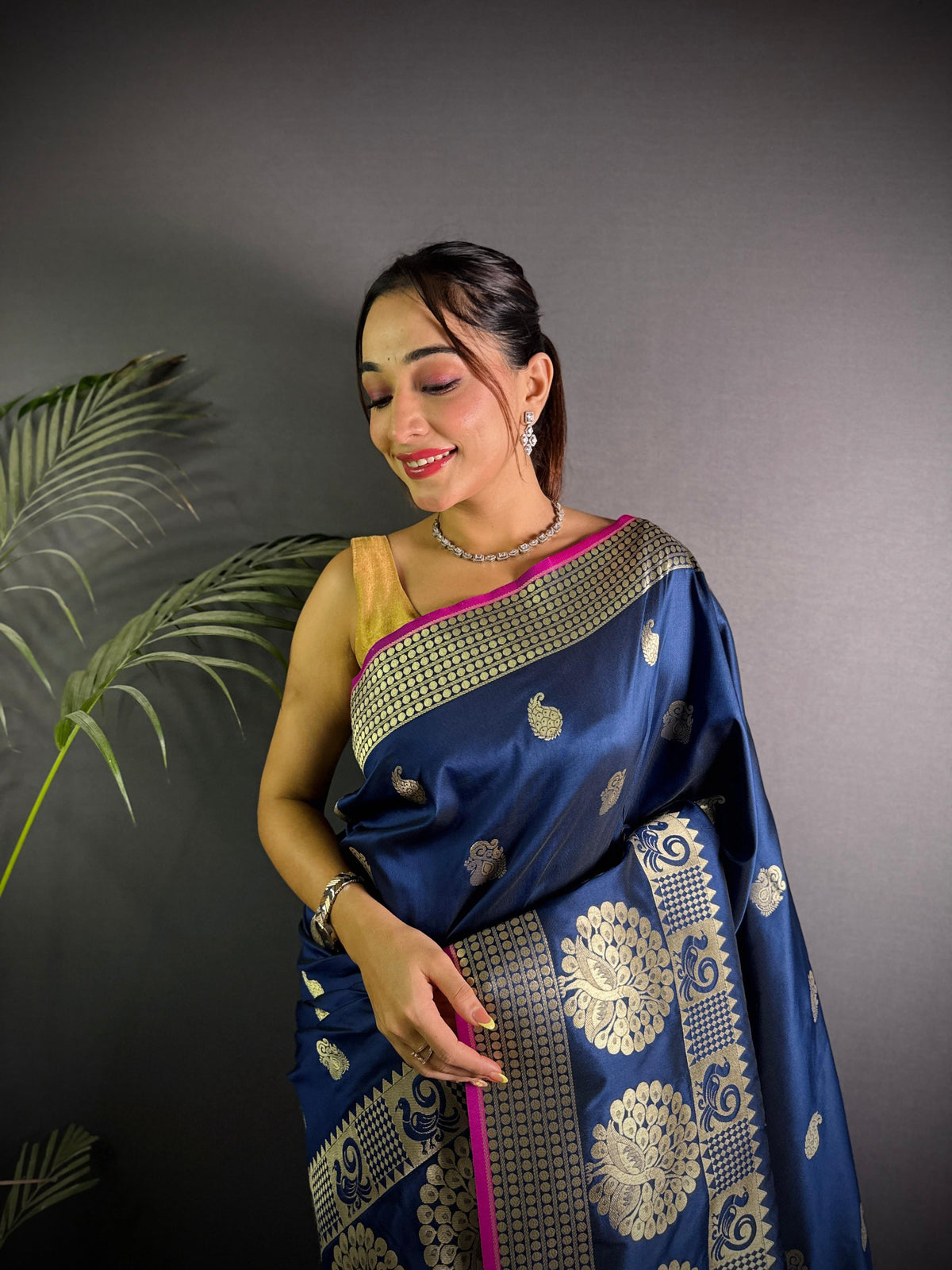 Sonakshi Women's Navy Blue Soft Banarasi Lichi Silk Golden Zari Weaving Traditional Saree with Blouse | Grocsy