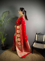 Sonakshi Women's Red Soft Banarasi Lichi Silk Golden Zari Weaving Traditional Saree with Blouse | Grocsy